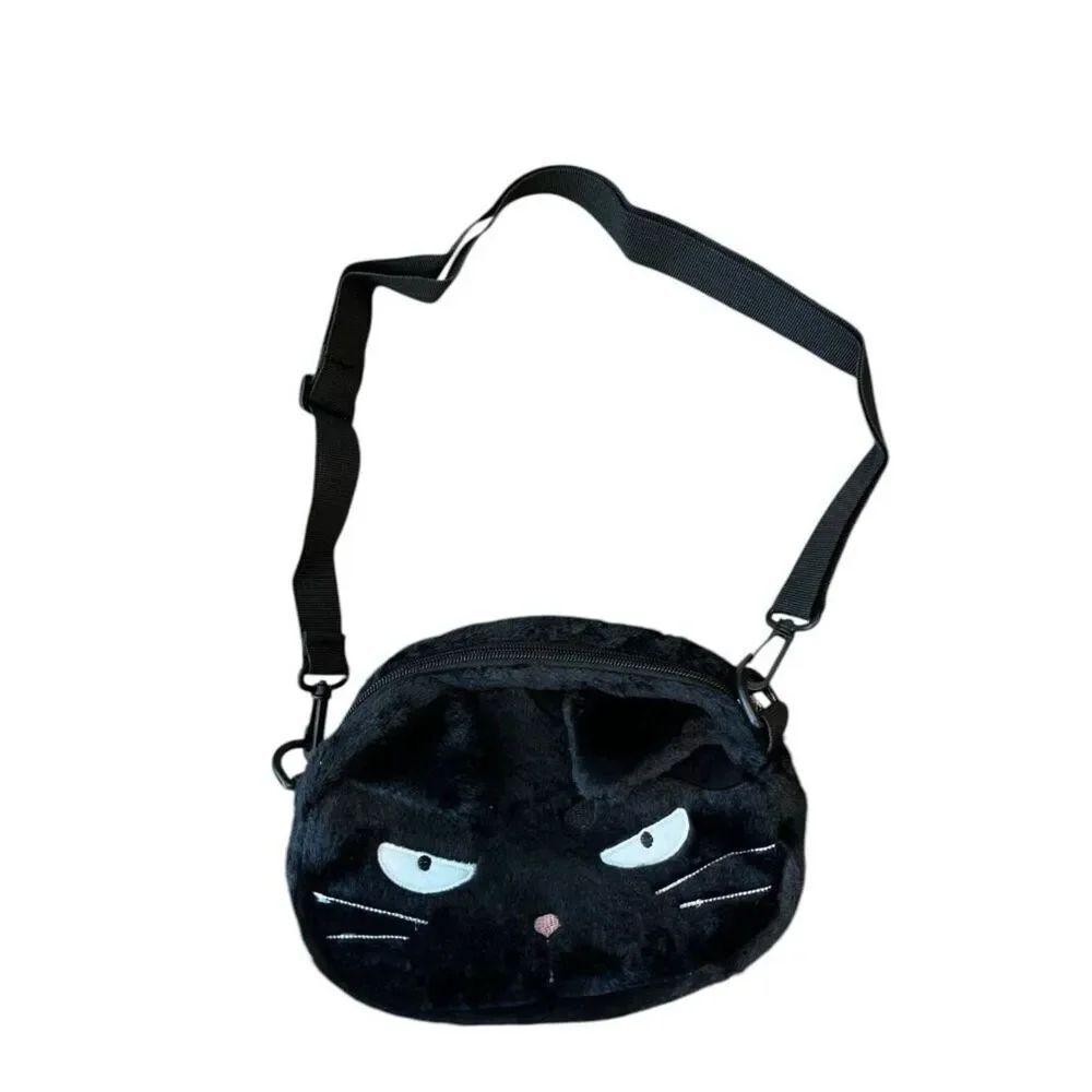 Small Plush Black Cat Shoulder Bag Cute Kitten Kitty Purse Removable Strap New